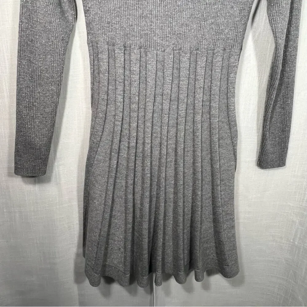 Calvin Klein Grey Cowl Neck Flare Shimmering Metallic Silver Sweater Dress Sz L